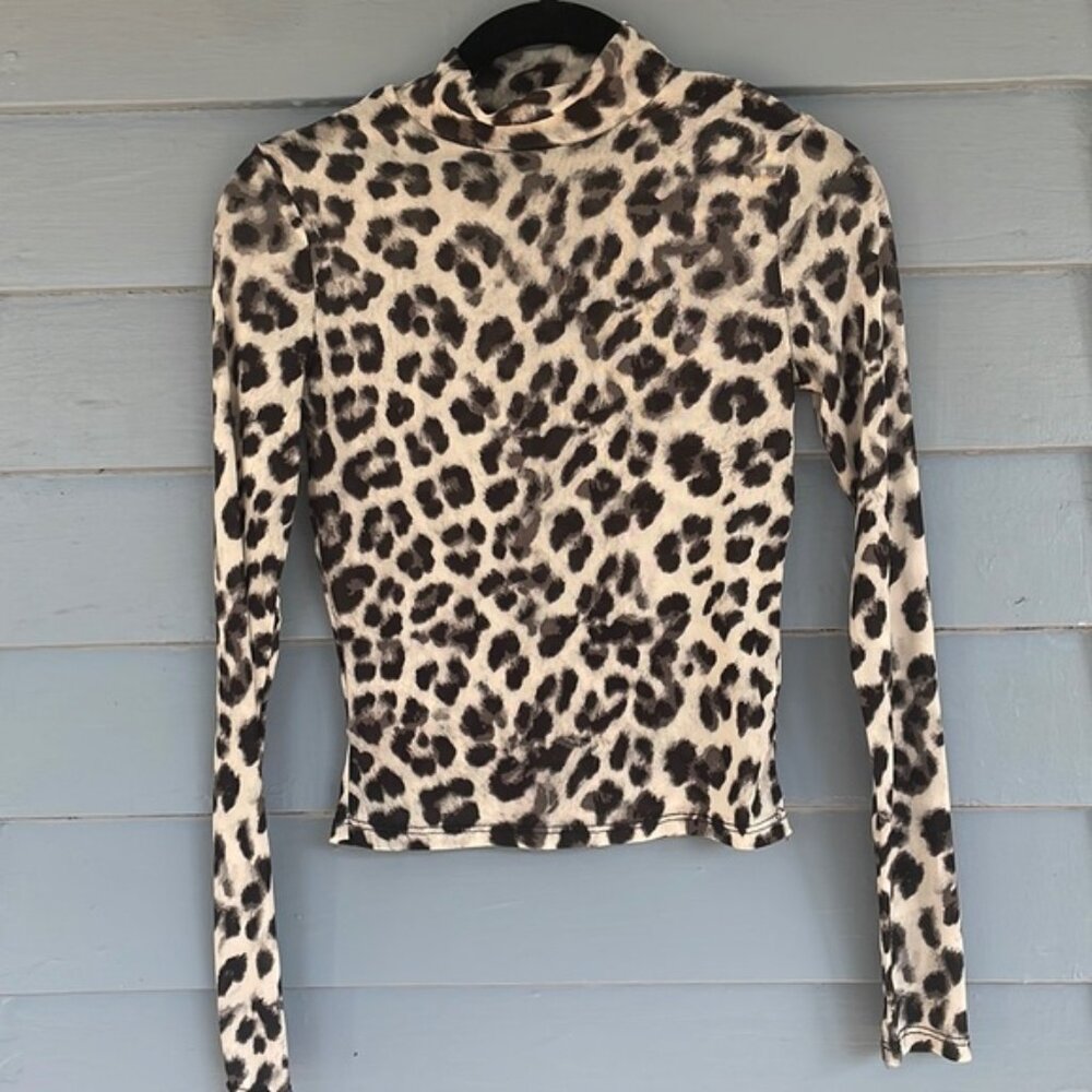 Mesh Mock Neck Cheetah Print Top
